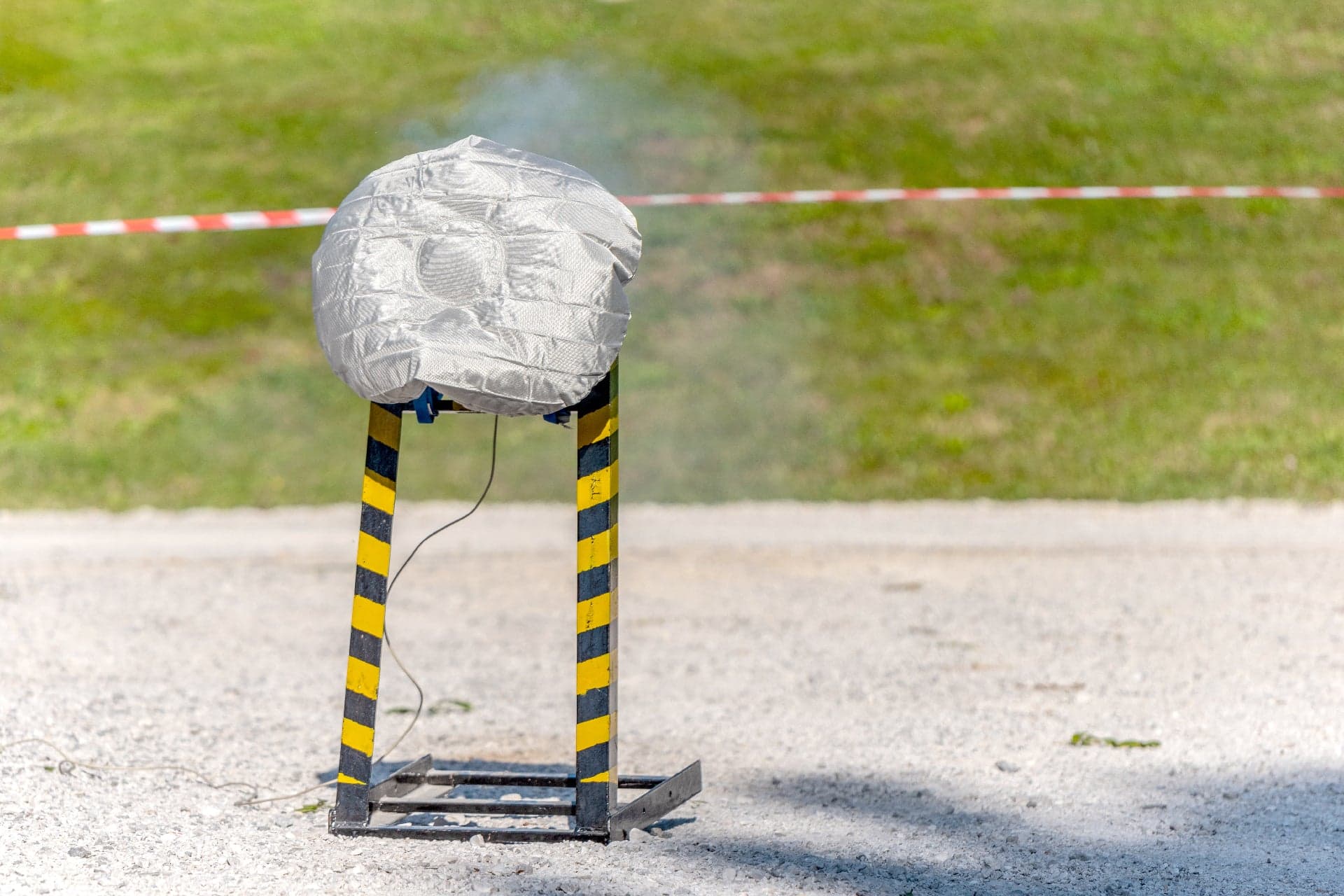Deployed airbag on a test stand