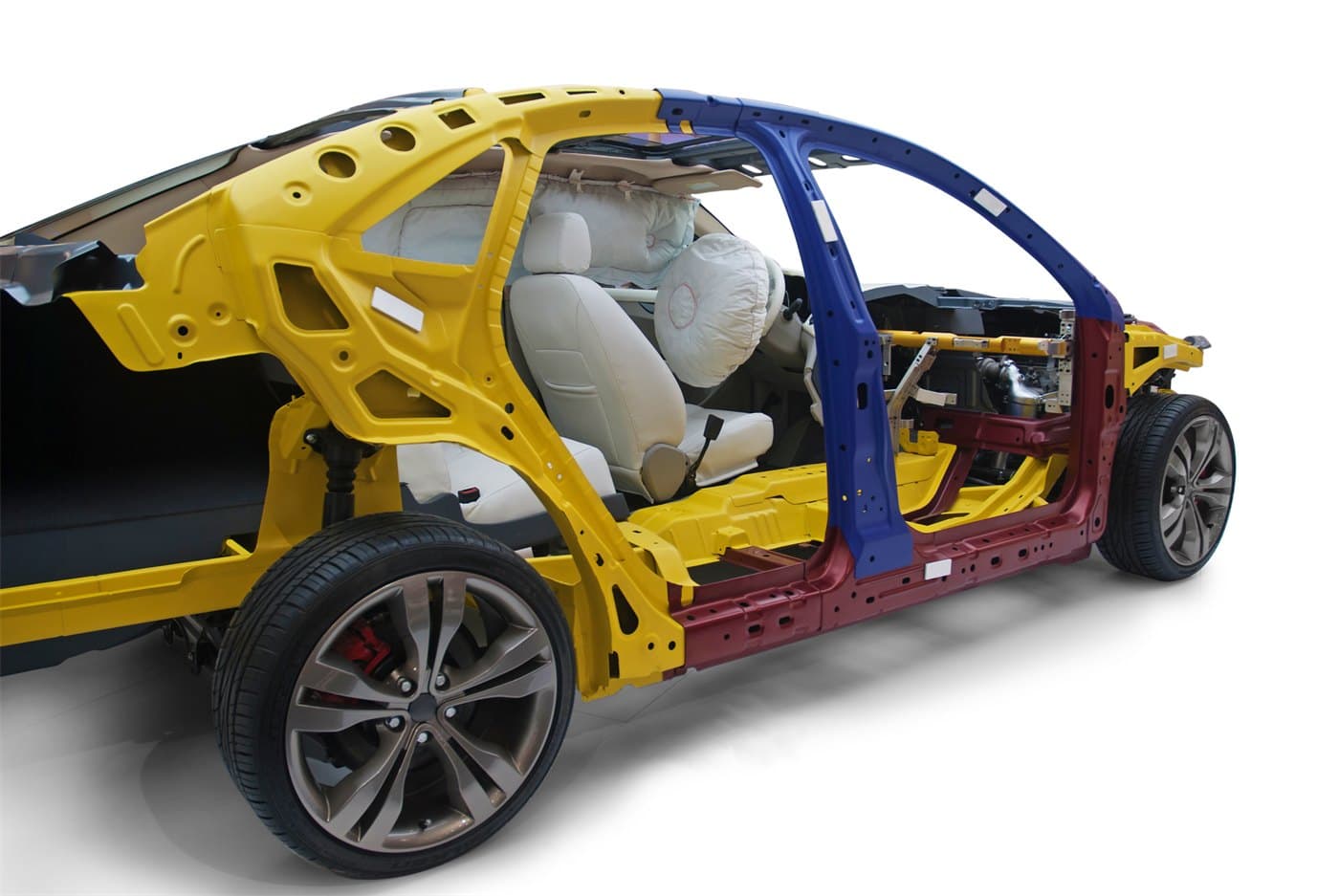 Fahrzeugkarosserie mit farblich markierter Struktur und ausgelösten Seitenairbags
