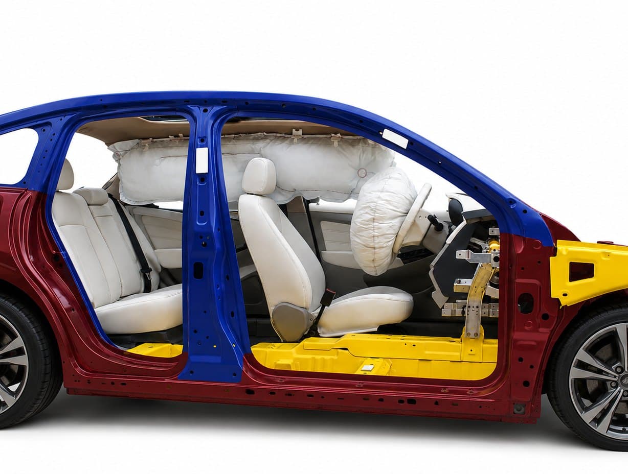 Innenraumschnitt mit ausgelösten Airbags und Sicherheitssystemen