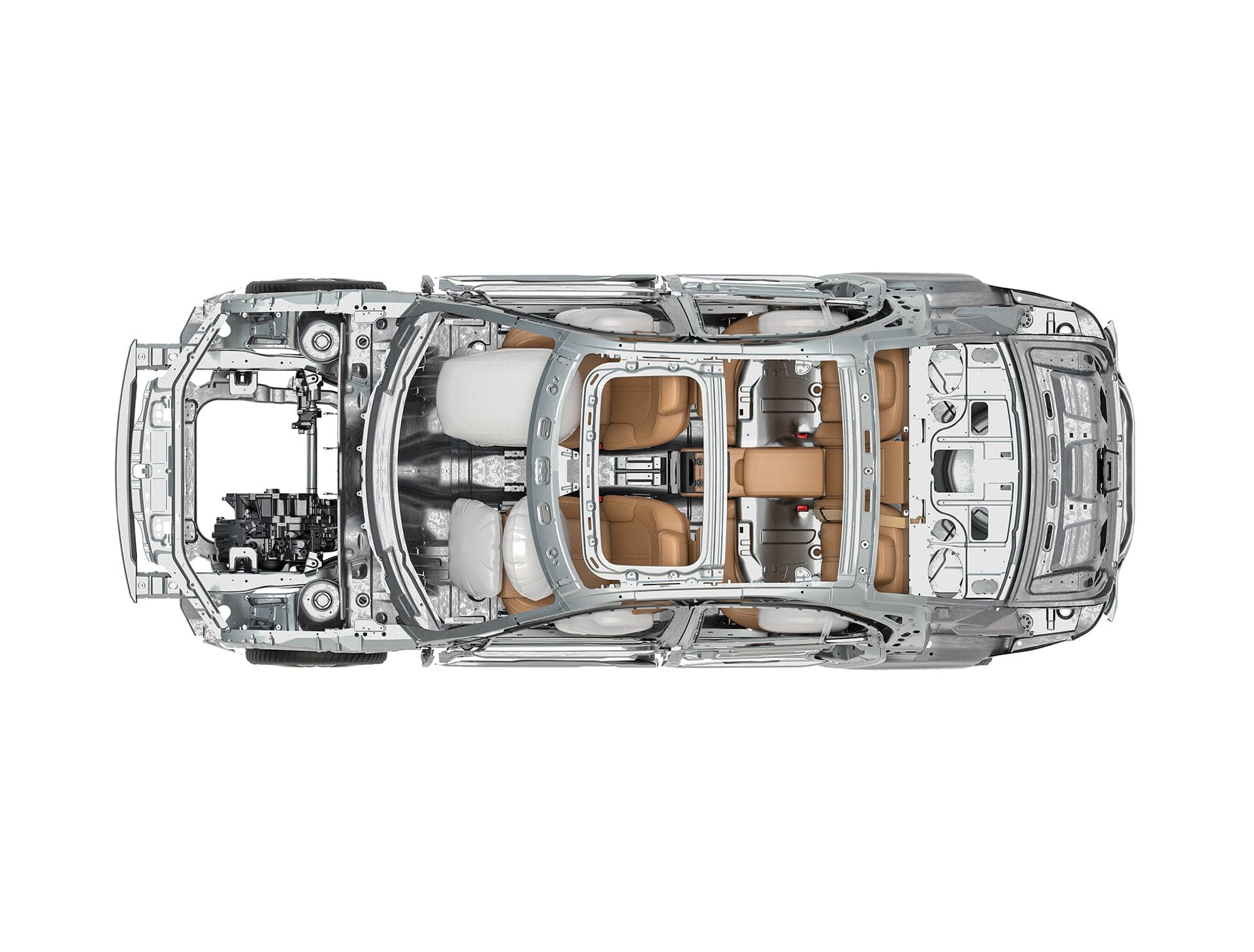 Pyrotechnic components in a vehicle's structure seen from above